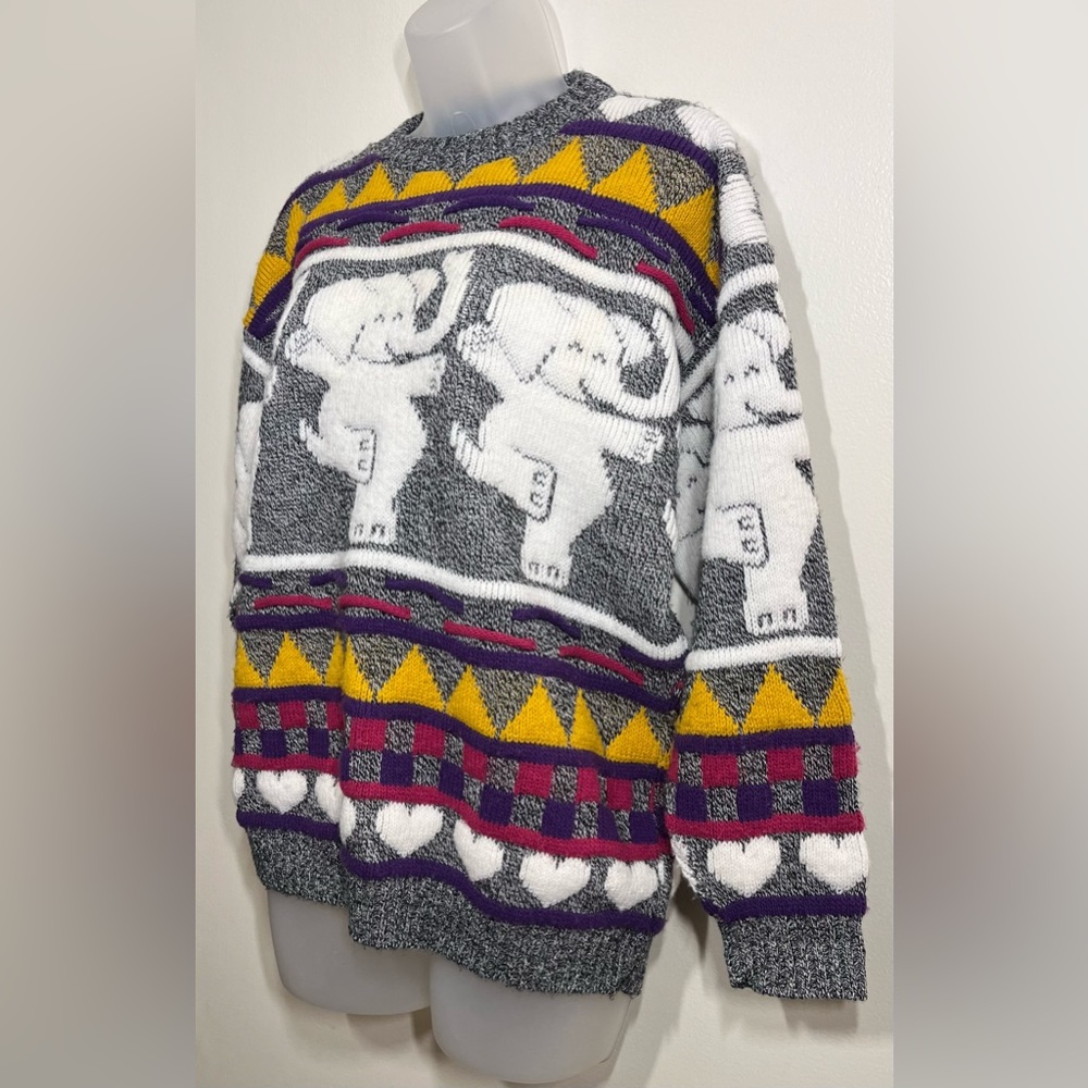 Vintage 80s Dancing Elephant Sweater Unique Colorful Animal Circus Knit - Picture 2 of 9